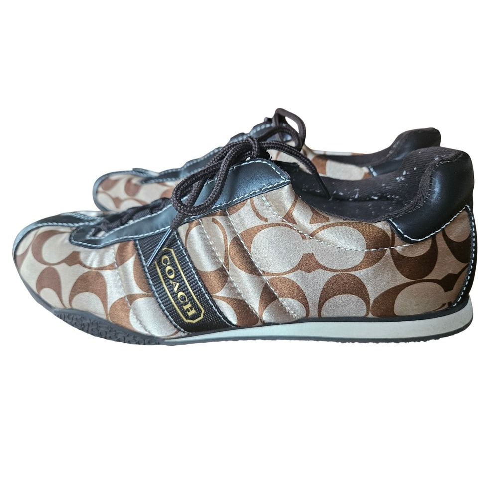 Coach Kirby Signature Jacquard Khaki Brown Leather Sneakers Q999 Womens 7.5 M